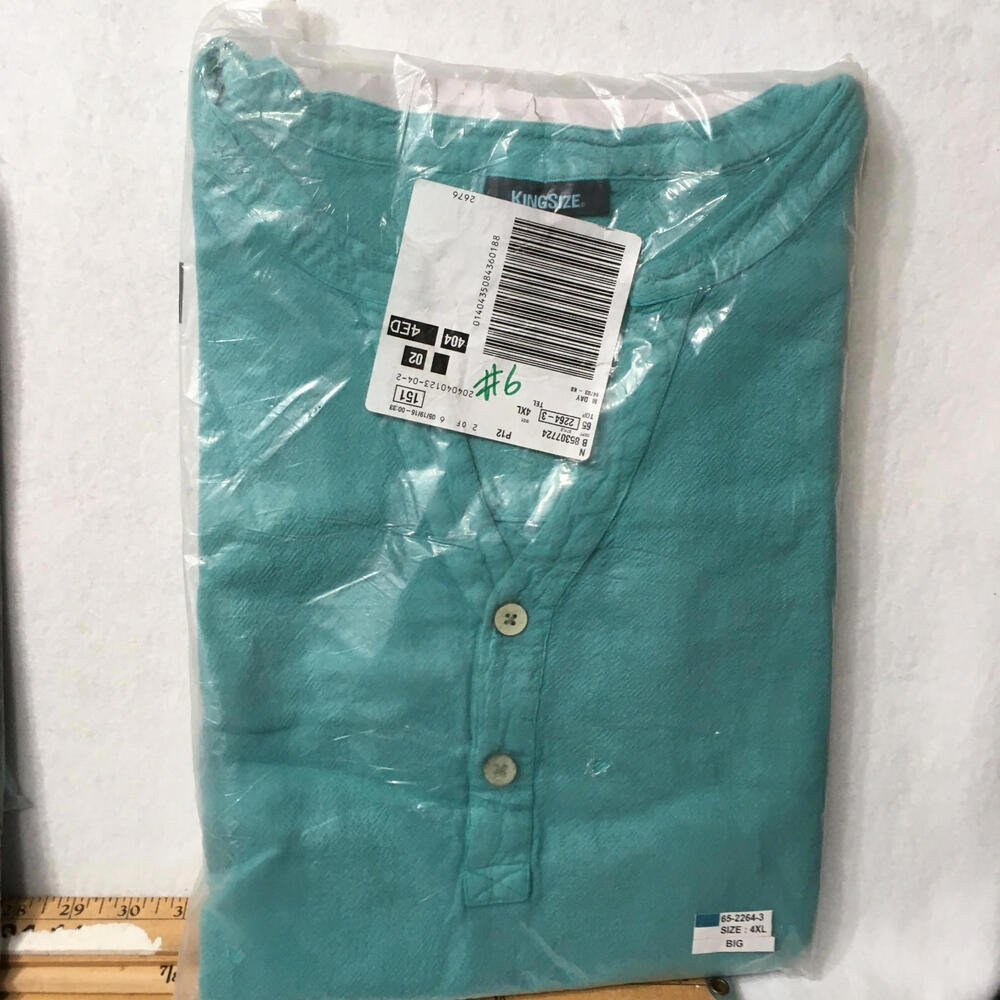 KINGSIZE Vintage Mens Big 4XL NO Collar Button Shirt NEW NIP XXXXL #6 teal